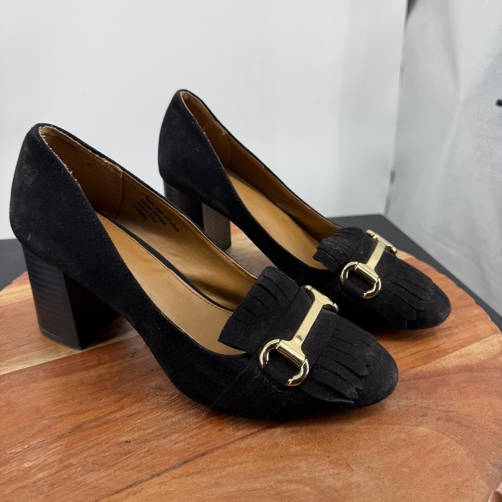 14th & UNION Dark Tan Pump horsebit kilty heel loafers sz 6‎